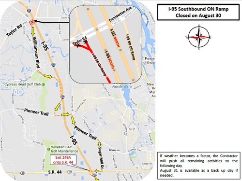 F.D.O.T. reports that the I-95 southbound on and off ramps at Dunlawton Avenue/Taylor Road (S.R. 421) will be temporarily closed tonight (August 30, 2017). Click For Details!