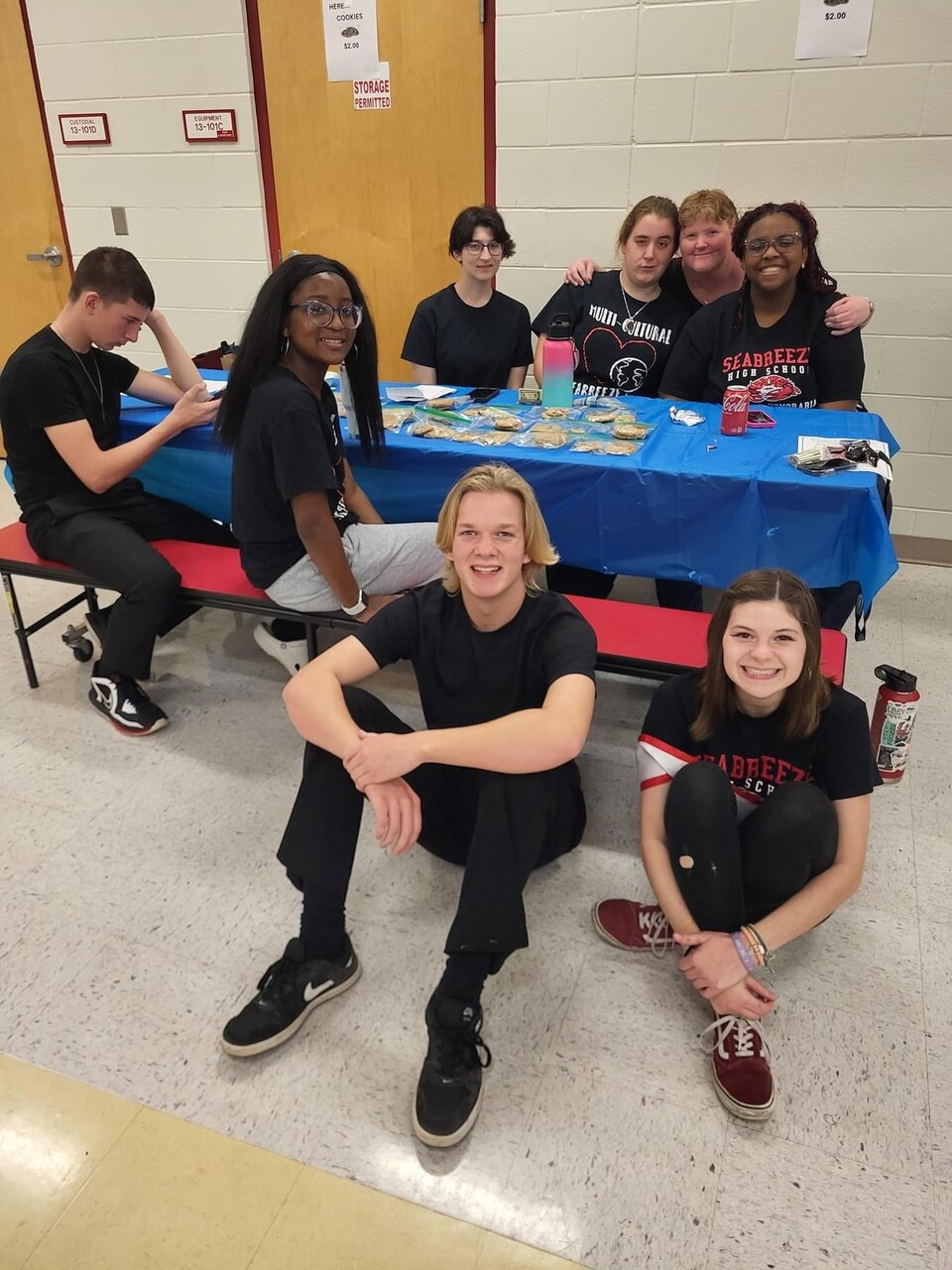 Seabreeze Multicultural Club and Spanish Honor Society students were a tremendous volunteer crew. Pictured: Aaron James (front center) ASL 2 student who signed the Pledge of Allegiance during the Opening Ceremony Parade of Flags, and Imani Victory (back right) who led the Pledge of Allegiance. ASL teacher and co-president of VCFLA, Ms. Kim Griffith.